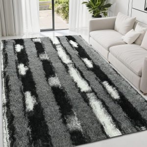 Fluffy Area Rugs for Bedroom Living Room, 4x6 Black and Grey Soft Plush Striped Rug, Modern Indoor Non Slip Washable Carpet, Furry Throw Carpets for Home Decor