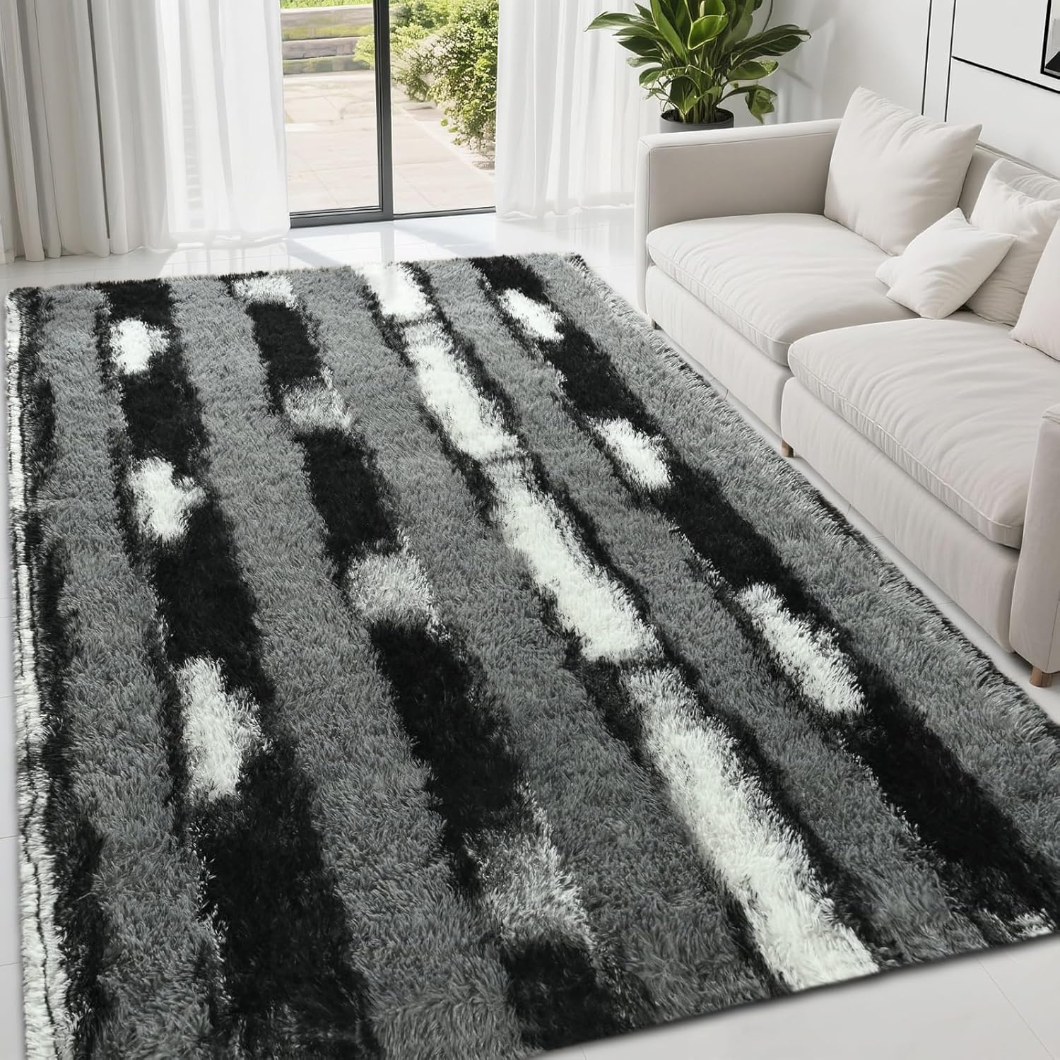 Fluffy Area Rugs for Bedroom Living Room, 4x6 Black and Grey Soft Plush Striped Rug, Modern Indoor Non Slip Washable Carpet, Furry Throw Carpets for Home Decor