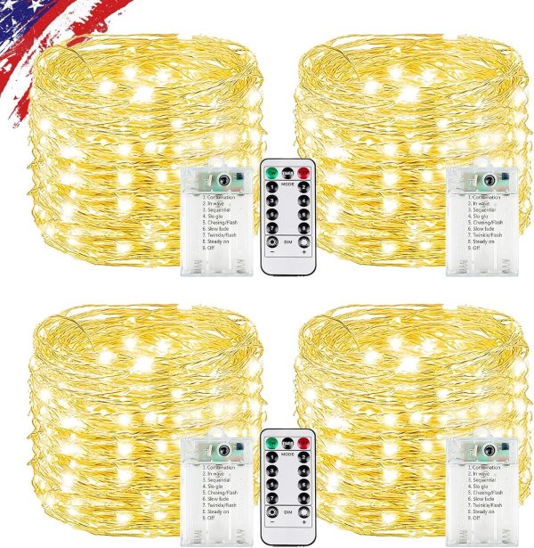 4Pack 80FT 240LED Fairy Lights Battery Operated with Remote & Timer | 8 Modes Twinkle String Lights Battery Powered Indoor Outdoor Waterproof for Bedroom Wedding Classroom Christmas Décor