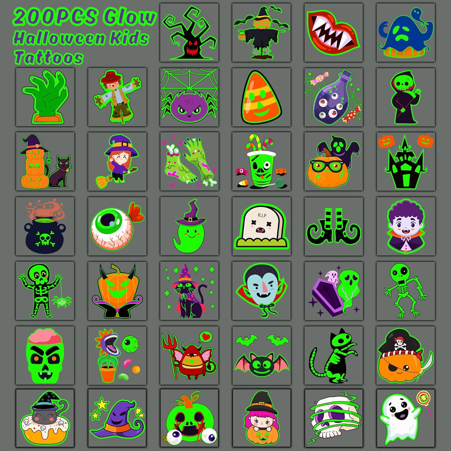 U-Goforst 200 PCS Halloween Tattoos for Kids, Glow in The Dark Halloween Party Favors, Halloween Temporary Tattoos Goodie Goody, Halloween Treats Bag Stuffers Bulk - Image 3