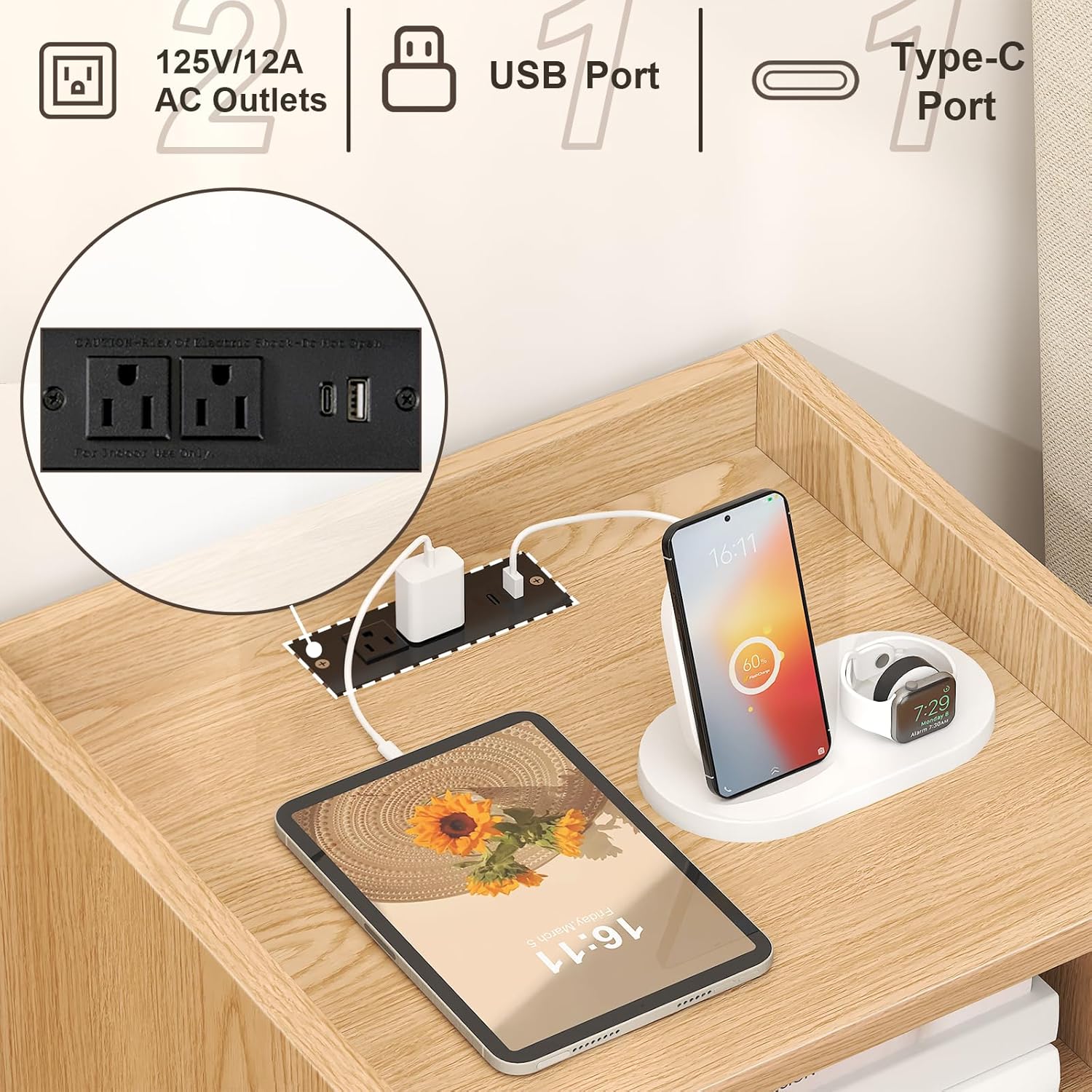 Night stand Set of 2, Bedside Tables with Charging Station, Rattan End Tables, Boho Bed Side Tables, Wood Nightstands set of 2 for Kids' Room Farmhouse Bedroom Living Room Dorm Sofa Couch (Natural) - Image 4
