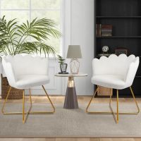 CLATINA Modern Velvet Make Up Vanity Chair, Flower Shaped Back Accent Chair Armchair with Gold Metal Legs, Cute Girl Criss Cross Chair No Wheels for Home Office Bedroom Dressing Living Room, White - Image 8