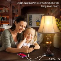 Touch Control Traditional Table Lamp Set of 2, Vintage Bedside Lamps with Dual USB Charging Ports, 3-Way Dimmable Bronze Finish Desk Lamps with Bell Shape Faux Silk Shade for Living Room, Bedroom - Image 3