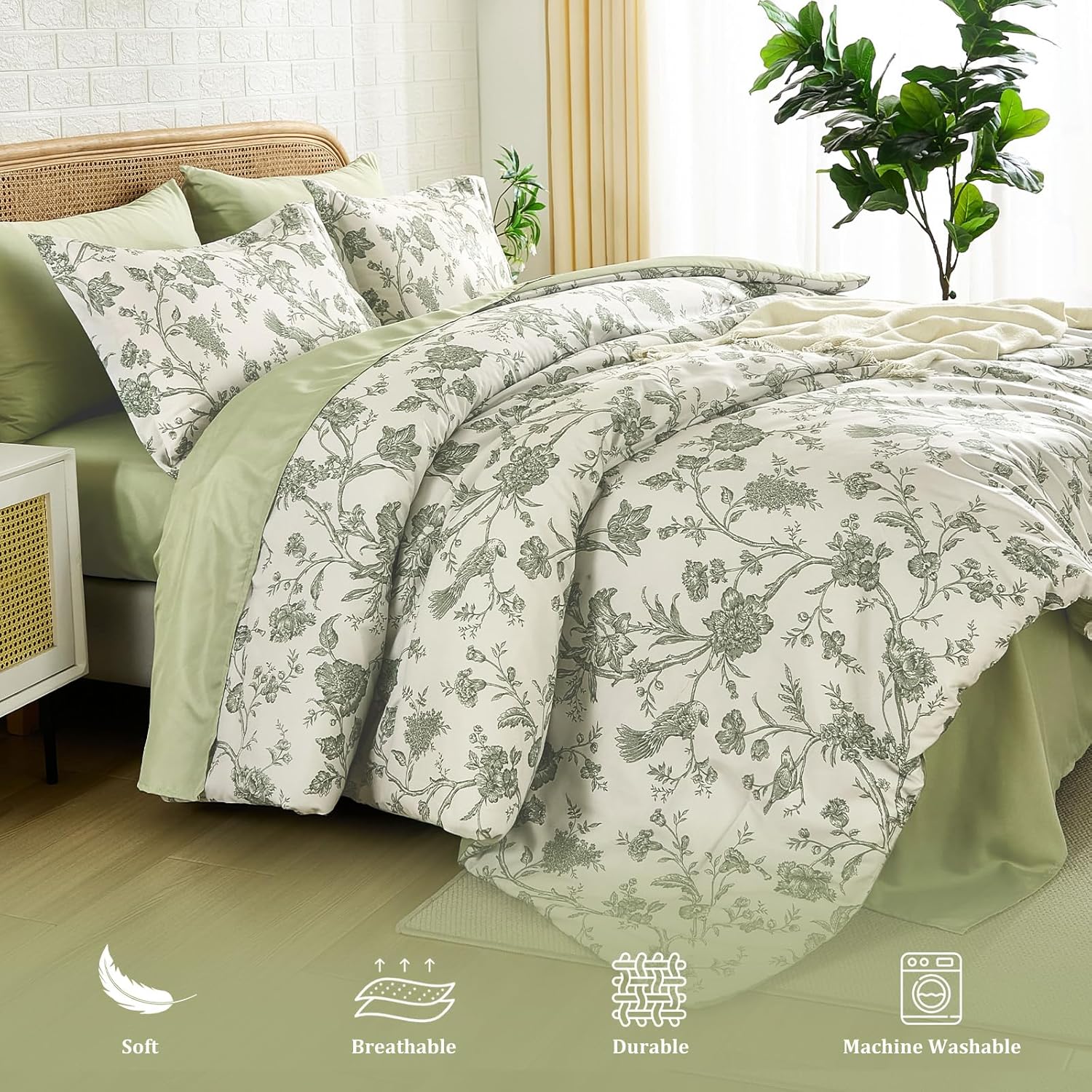 Luxudecor Floral Queen Comforter Set 7 Pieces Bed in a Bag, Sage Green Flower with Bird Bedding Set, Soft Reversible Comforter with Sheet Set 90"x90" - Image 4