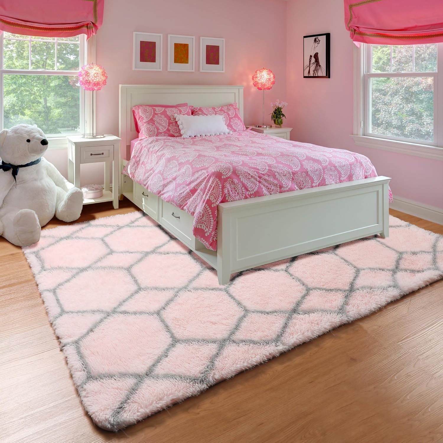 ONASAR Area Rugs for Bedroom Living Room, Washable 4x6 Fluffy Pink and Grey Throw Rug, Shaggy Geometric Soft Plush Floor Carpet for Nursery Girls Teen Playroom Dorm Home Decor Aesthetic - Image 4