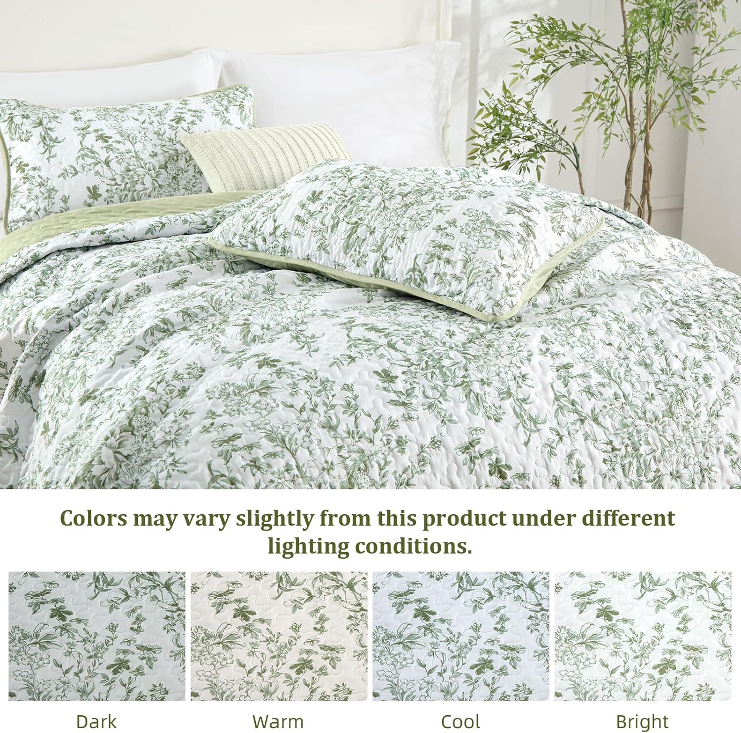WONGS BDEEING Quilt King Size, Sage Green Quilt Bedding Set with 2 Pillowcases, Botanical Quilt for King Bed, Soft Microfiber Lightweight Coverlet Bedspread for All Season (110"×90", 3 Pieces) - Image 6