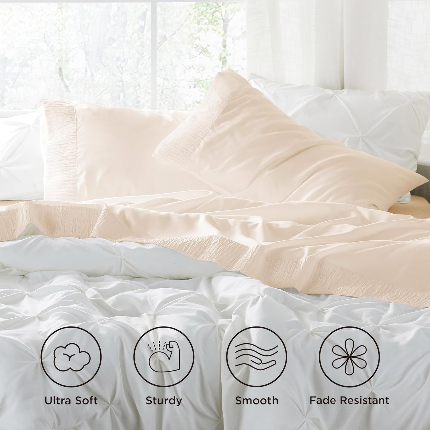 Bedsure Queen Sheet Set - 4 Pieces Soft Queen Size Sheets - Breathable & Cooling - Hotel Luxury - Easy Care Polyester Microfiber Bedding for Women, Men, Beige - Image 3