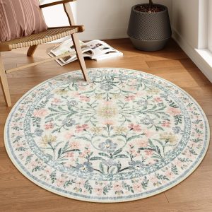 Lahome Round Boho Floral Rugs 4ft, Cream Washable Circle Rugs for Bedroom, Vintage Beige Nursery Circular Carpet, Soft Non-Slip Carpet for Kids Room Playroom Calm Corner, Beige