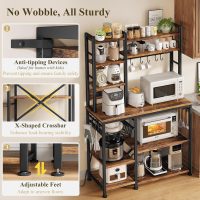 Baker Rack with Power Outlet - Microwave Stand with Storage, Large Coffee Bar Station with 14 Hooks, Metal Kitchen Shelf Rack for Spices, Pots (Rustic Brown) - Image 4