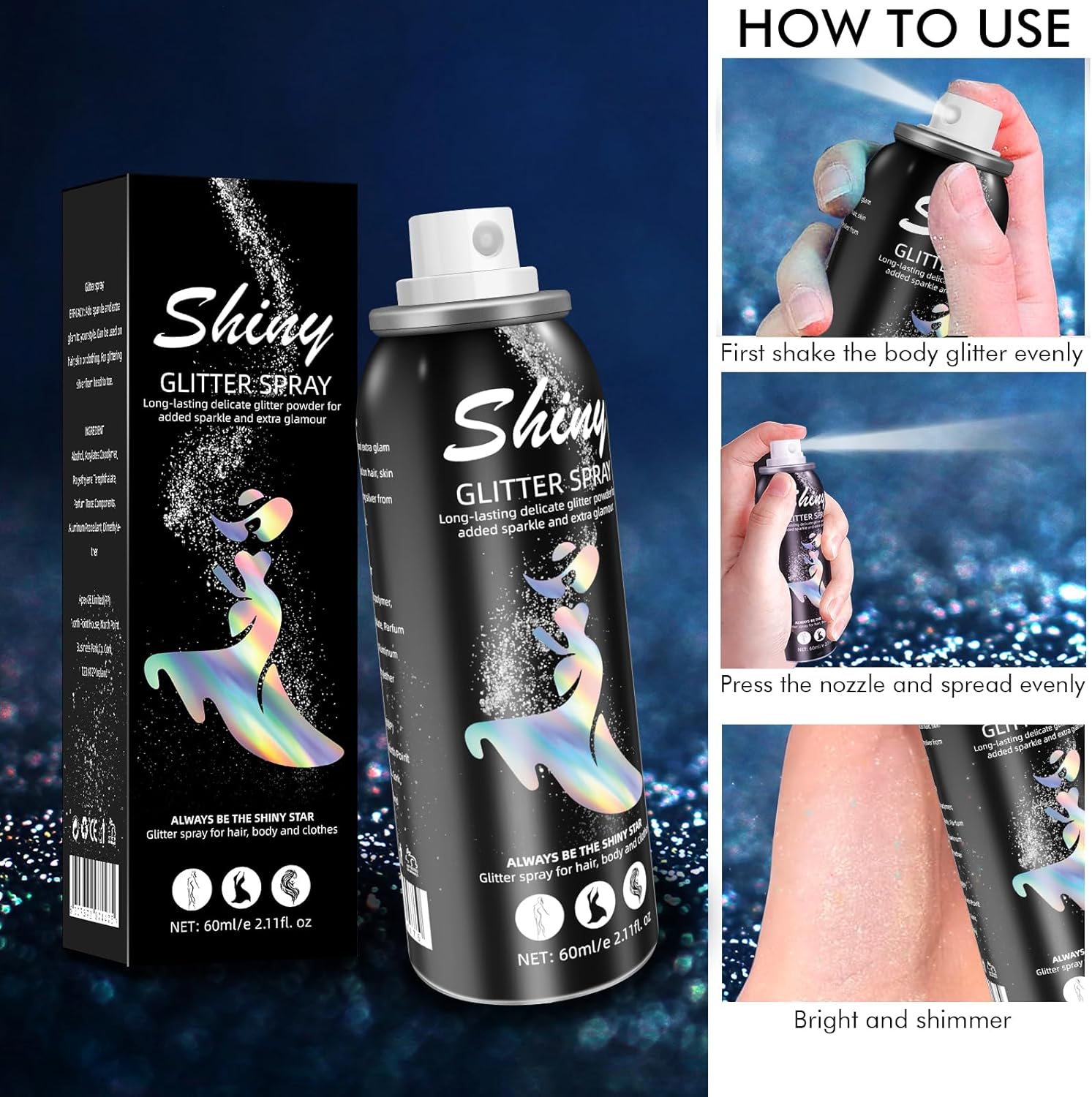 Body Glitter, Body Glitter Spray, Glitter Spray for Hair and Body, Long-Lasting and Quick-Drying Silver Glitter Hairspray Suitable for Stage, Festival Rave and Makeup Prom (2.11 Fl Oz) - Image 6