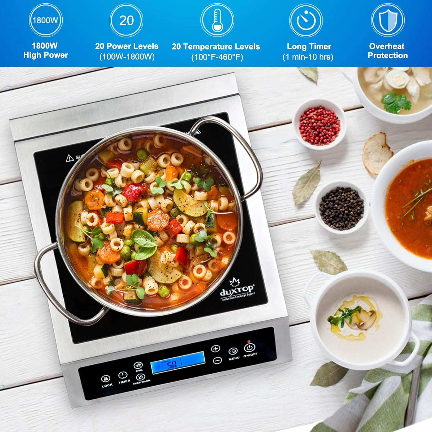Duxtop Professional Portable Induction Cooktop, Commercial Range Countertop Burner, 1800 Watts Induction Burner with Sensor Touch and LCD Screen, P961LS/BT-C35-D, Silver/Black - Image 3