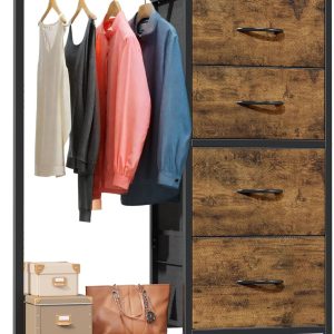 Dresser with Hanging Rack, 4 Drawers Small Closet for Bedroom, Reversible Fabric Kids Chest of Drawers with Clothes Rack, Tall Storage Tower, Sturdy Frame, Rustic Brown, 44''H