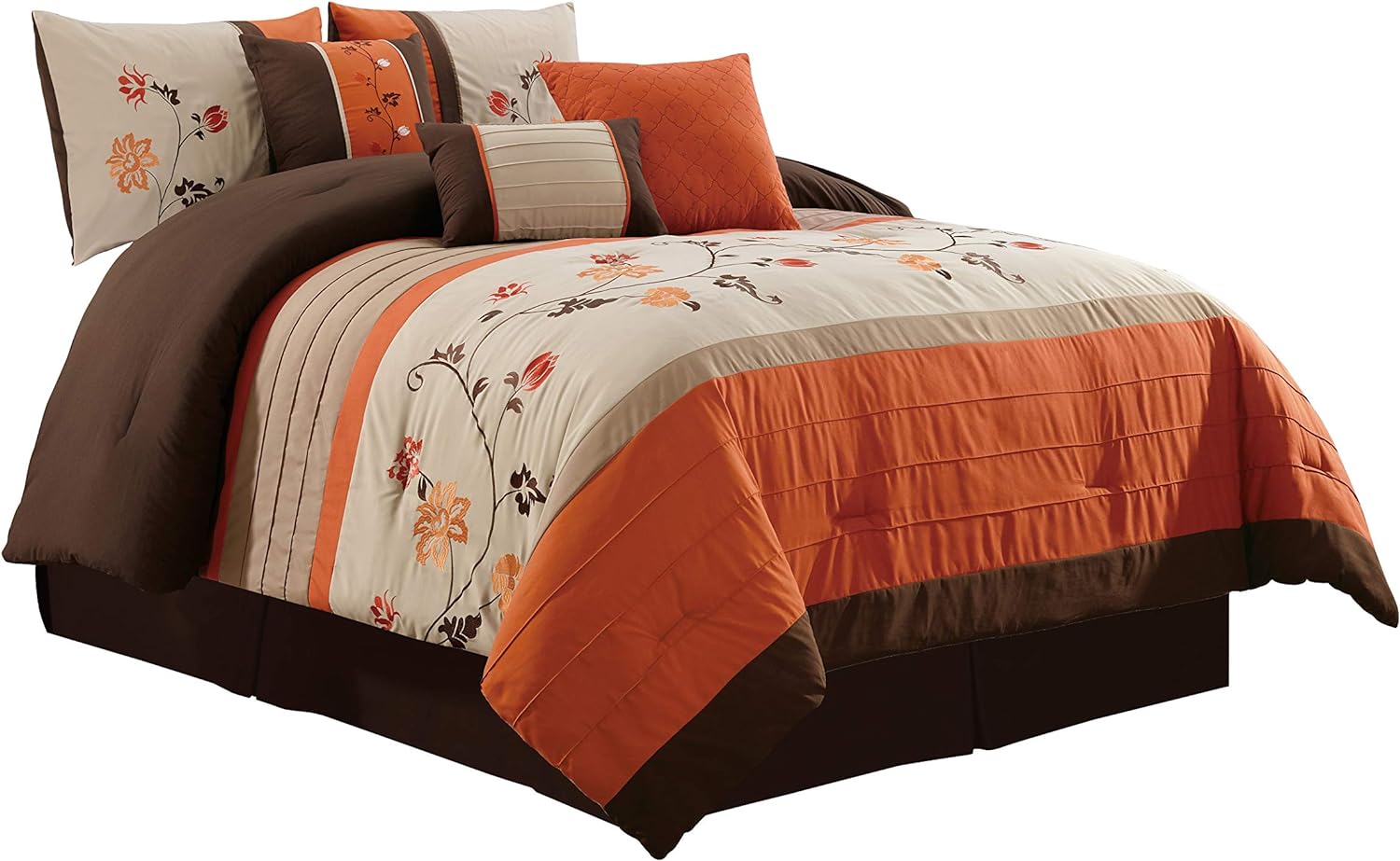 Chezmoi Collection Serene 7-Piece Luxury Autumn Floral Embroidery Comforter Set, Queen, Orange/Brown/Taupe - Image 9