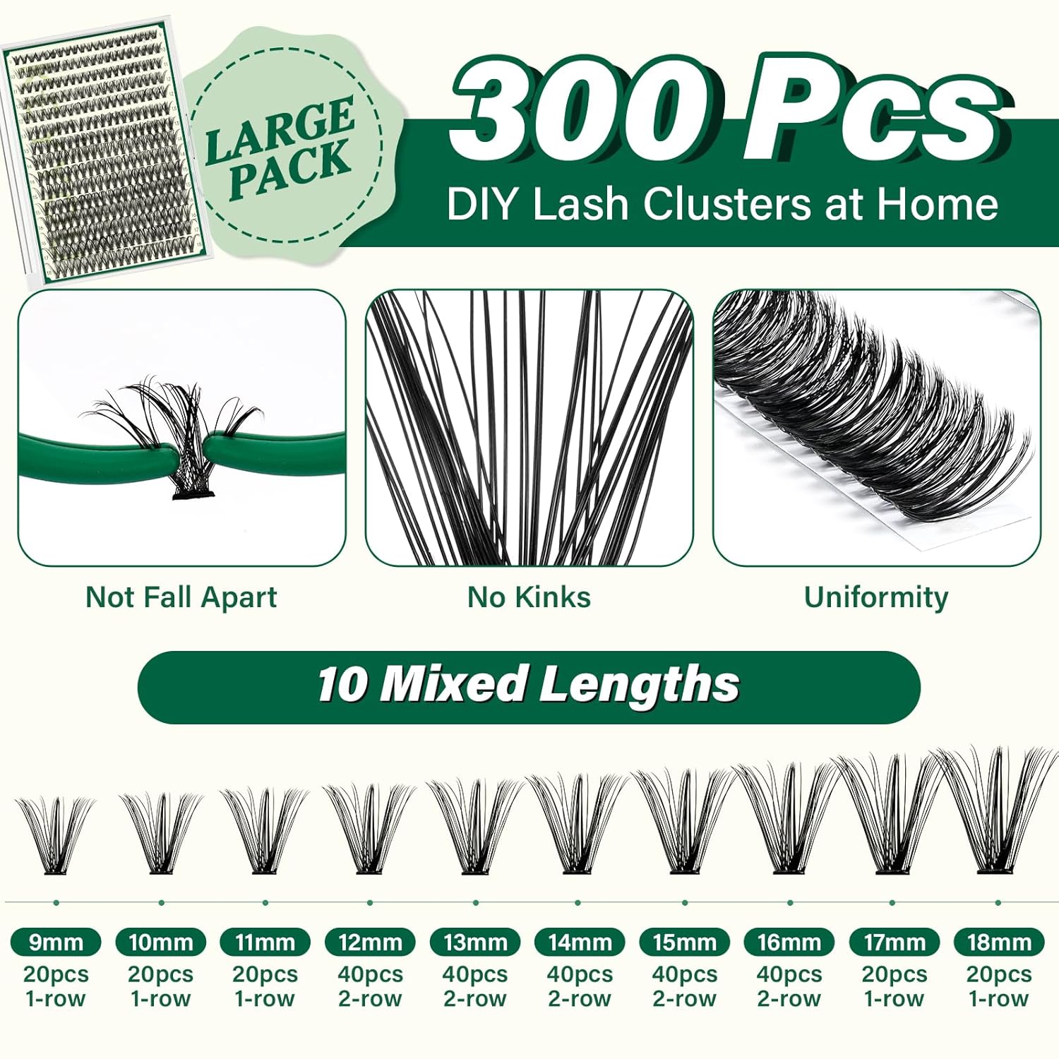 KEYYOU Lash Extension Kit DIY 300Pcs Lash Clusters Eyelash Extension Kit 40D 0.07 D Curl 9-18MIX Lash Clusters Kit with Lash Glue Remover Applicator Easy to Use for Beginners(Kit,40D-D,9-18MIX) - Image 4