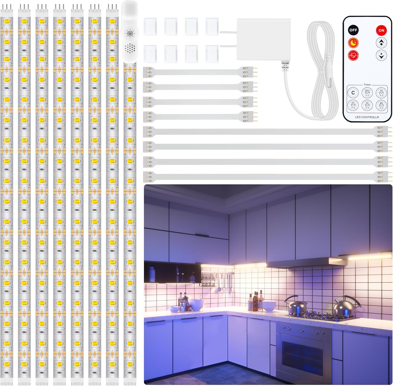LAFULIT 8 PCS Under Cabinet Lighting Kit, Bright Under Cabinet Lights, Flexible Led Strip Lights with RF Remote and Power Adapter, for Kitchen Cabinet Shelf Desk Counter, 4000K Neutral White, 13ft