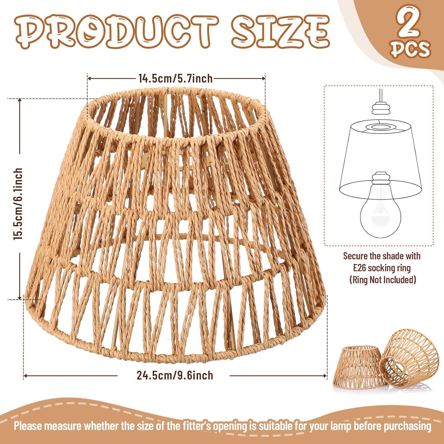 Large Lamp Shades Set of 2 Boho Rattan Shade Hand Woven Lampshade for Table Lamp Replacement Hand Crafted Farmhouse for Floor, Wall Sconce, 9.6 x 6.1 x 5.7Inch - Image 2