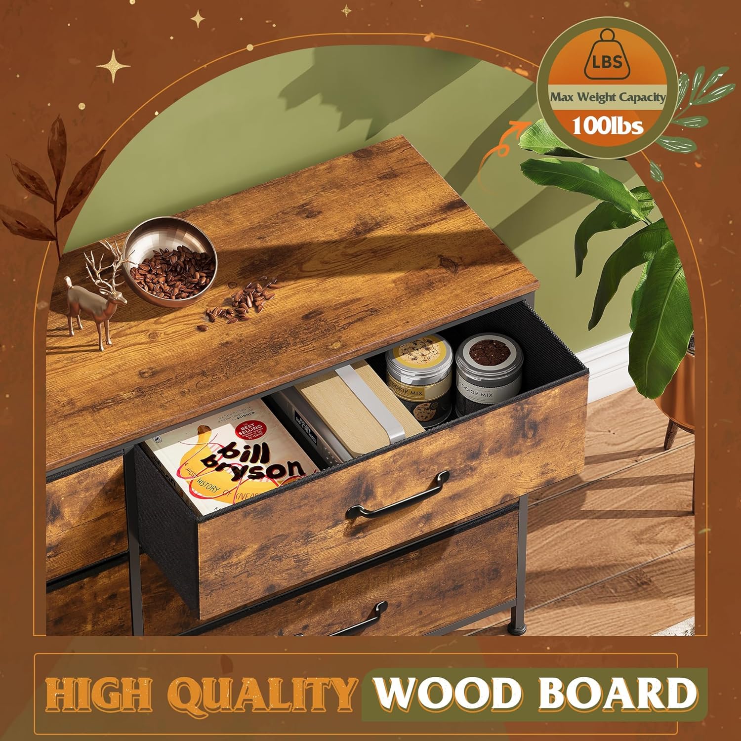 WLIVE 6 Drawer Dresser for Bedroom Large, Fabric Wide Dresser TV Stand for 50, 55, 60 inch TV, Big Long Chest of Drawers with Deep Drawer for Closet, Bedroom, Living Room, Hallway, Rustic Brown - Image 6