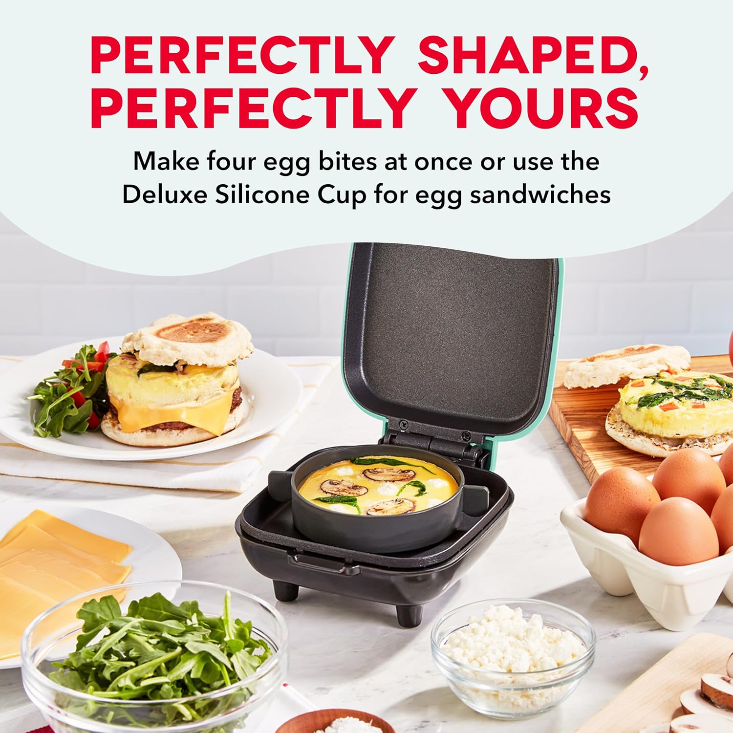 DASH Deluxe Sous Vide Style Egg Bite Maker with Silicone Molds for Breakfast Sandwiches, Healthy Snacks or Desserts, Keto & Paleo Friendly, (1 large, 4 mini) - Aqua - Image 6