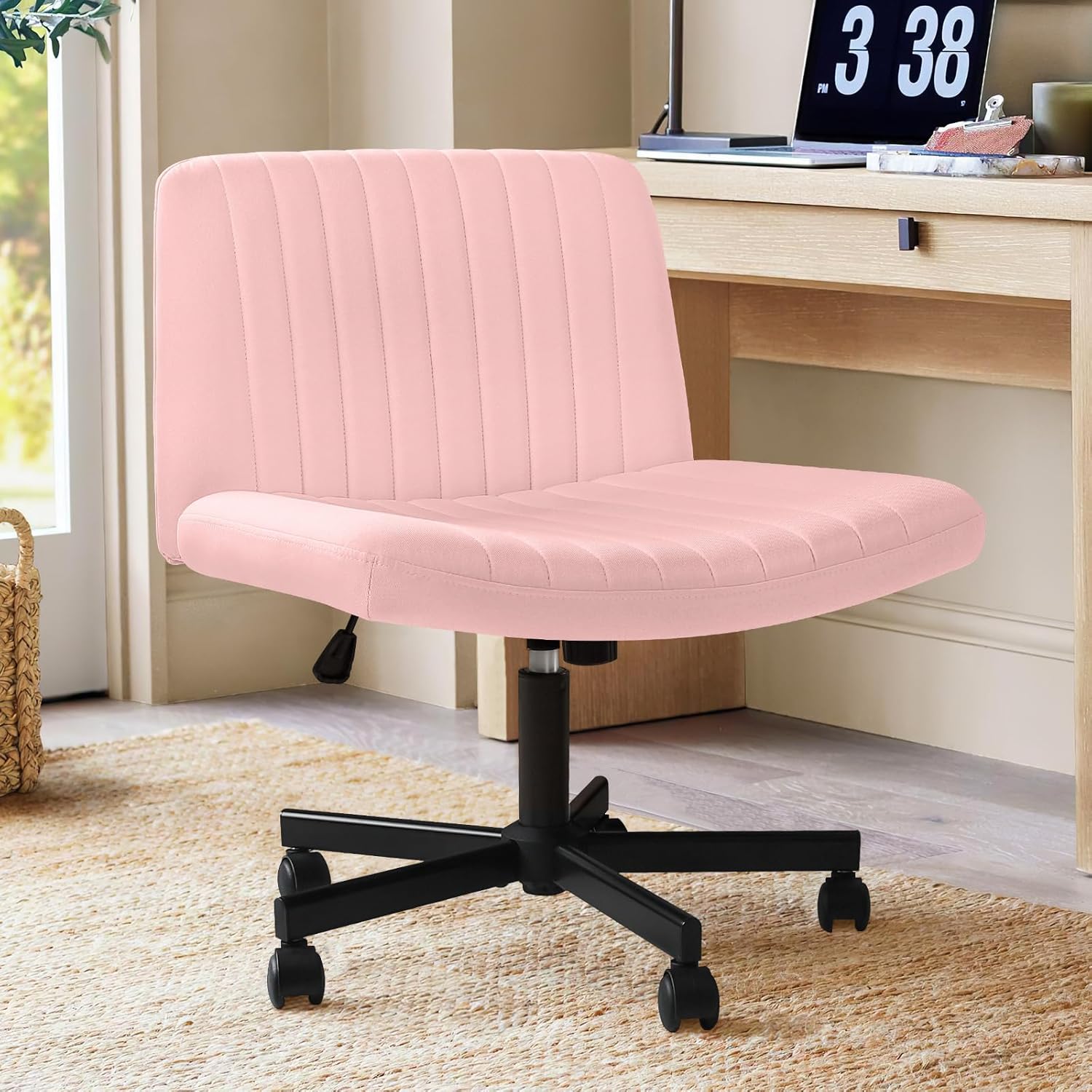 Waleaf Criss Cross Chair with Wheels, Wide Seat Cross Legged Office Chair Armless Ergonomic Office Chair for Home Office, Swivel Adjustable Fabric Wide Desk Chair, Computer Task Vanity Chair (Pink)