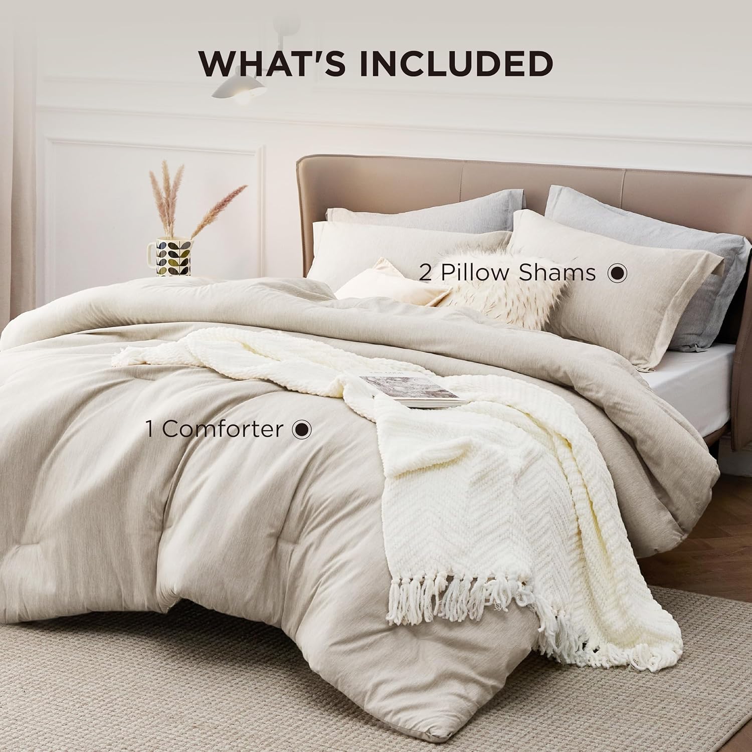 Bedsure Oversized Queen Comforter Set - Beige Soft Bedding for All Seasons, Cationic Dyed Bed Set, 3 Pieces, 1 Oversized Queen Size Comforter (98"x98") and 2 Pillow Shams (20"x26"+2") - Image 8