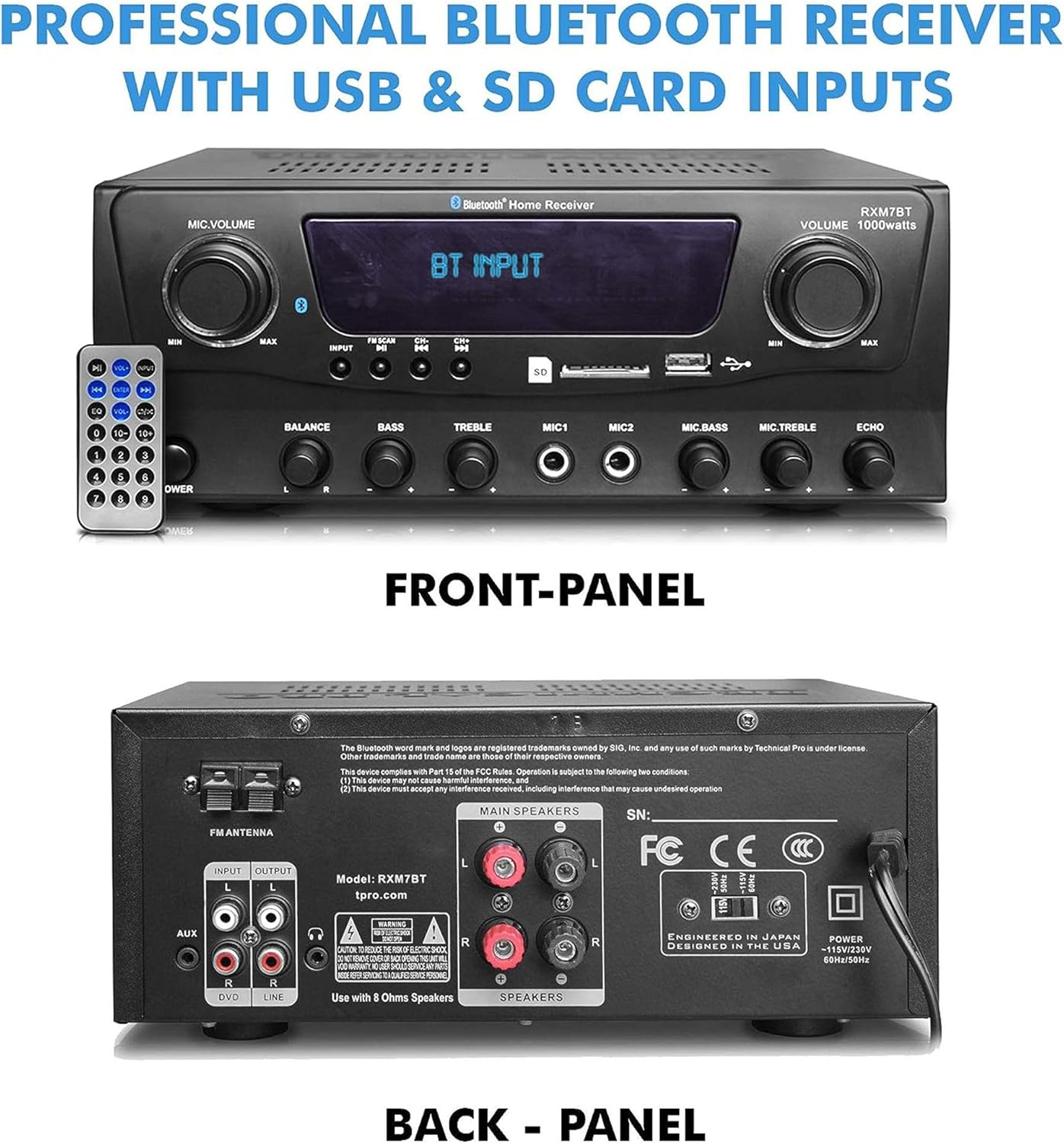 1000 Watts 2 Room Bluetooth Home Amplifier and Receiver with USB and SD Reader, (Qty 6) 6.5 Flush Mount in-Wall/in-Ceiling Stereo Speakers, Handheld Microphone with 10 Ft Cable - Image 2
