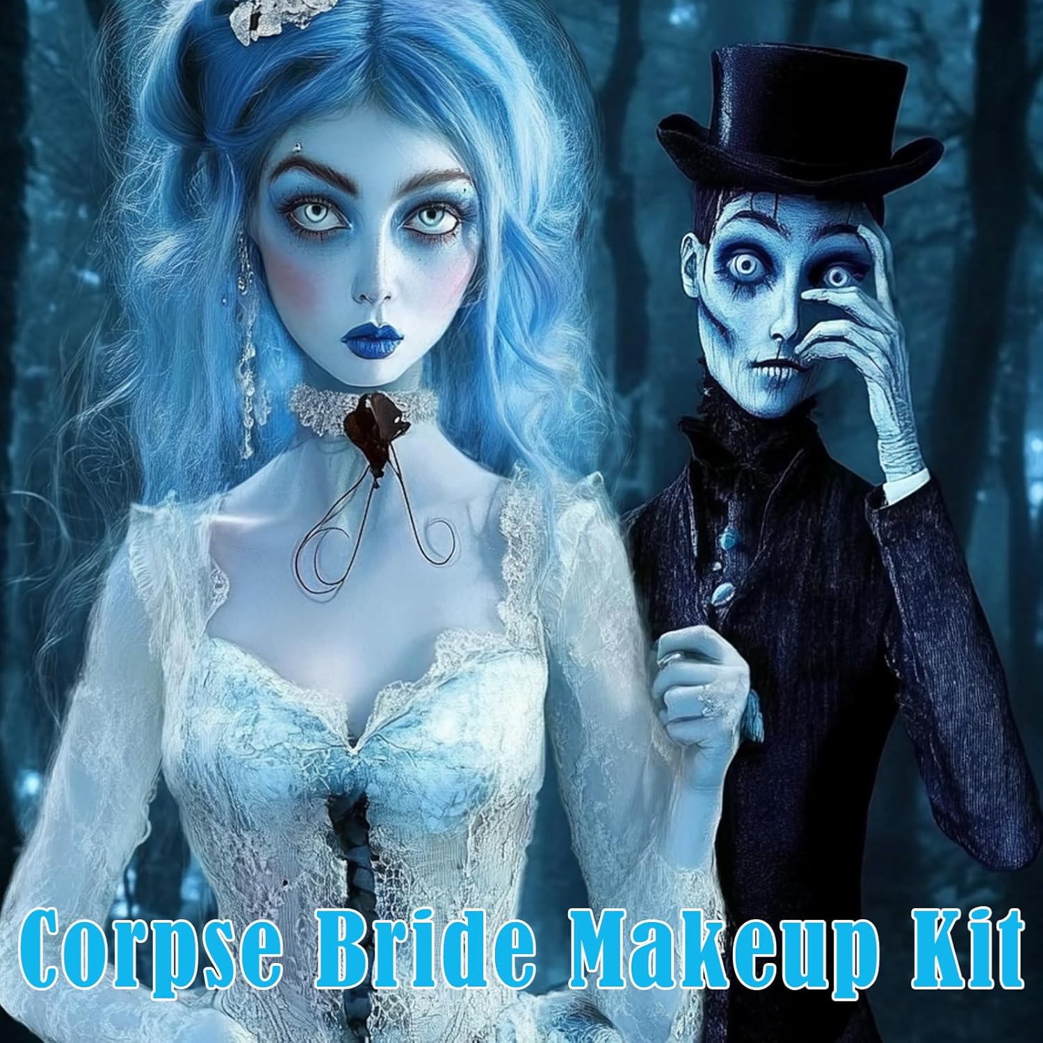 4 Pcs Sally Makeup Kit,Corpse Bride SFX Halloween Baby Blue ,Water Activated Face Paint Makeup Kit,Sally Face Costume Women Cosplay,Light Blue Body Paint+Eyeliner+Lipstick+Sponge - Image 5