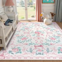 Collive Pink Floral Rugs for Bedroom Girls, 5x7 Bow Nursery Rug for Dorm Washable Area Rug for Living Room, Cute Ultra-Thin Non Slip Indoor Decor Carpet for Kids Room Playroom (Pink 5' x 7') - Image 8