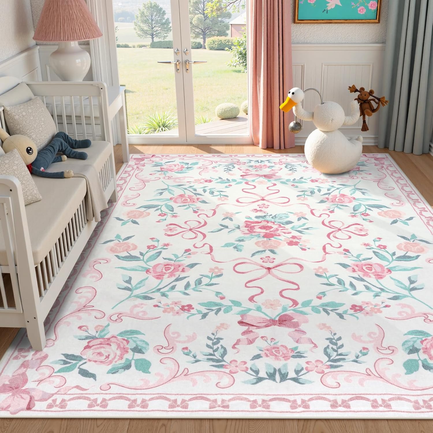 Collive Pink Floral Rugs for Bedroom Girls, 5x7 Bow Nursery Rug for Dorm Washable Area Rug for Living Room, Cute Ultra-Thin Non Slip Indoor Decor Carpet for Kids Room Playroom (Pink 5' x 7') - Image 8