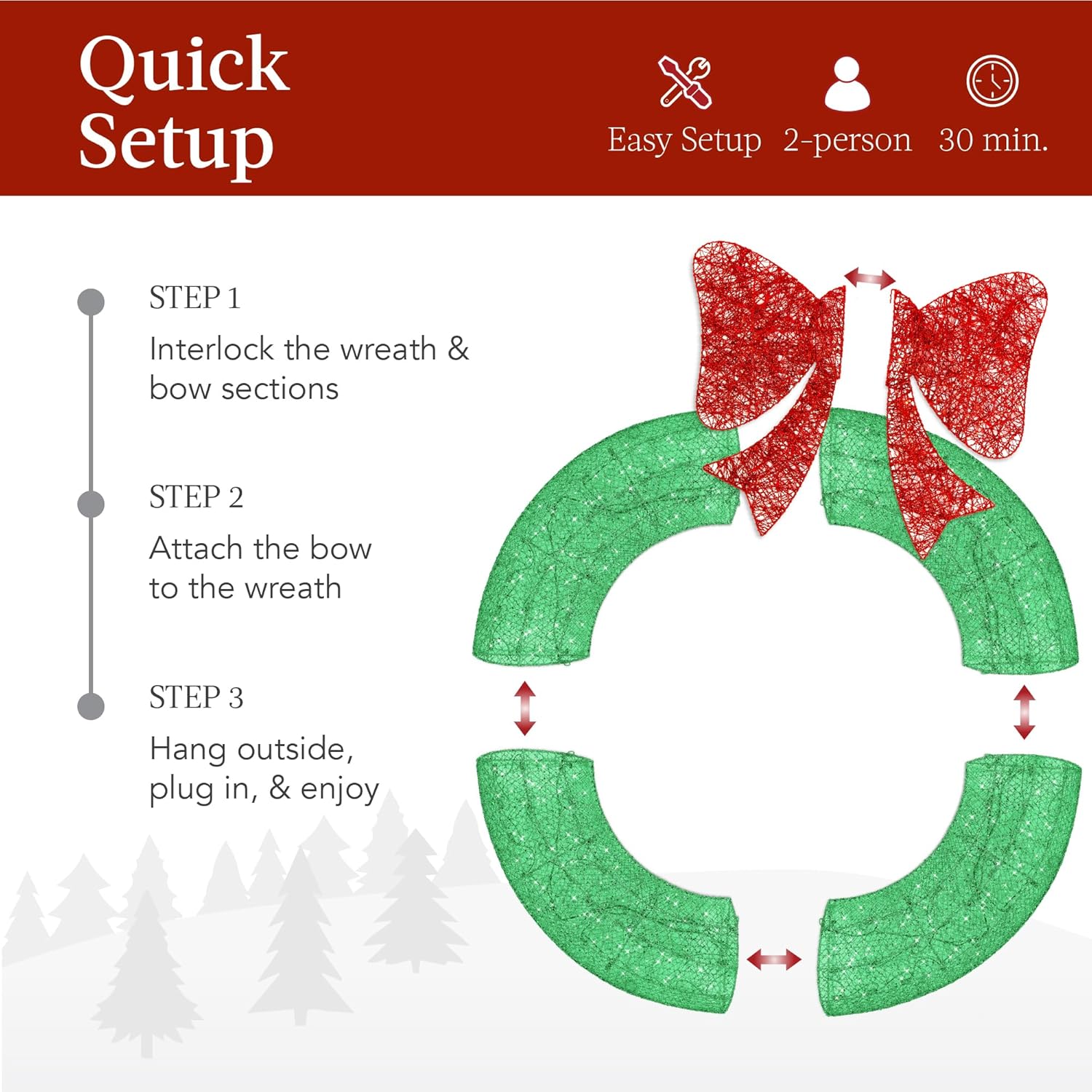 Best Choice Products 36in Pre-Lit Outdoor Christmas Wreath Decoration, LED Metal Holiday Decor for Home w/ 120 Lights, Bow - Green/Red - Image 4