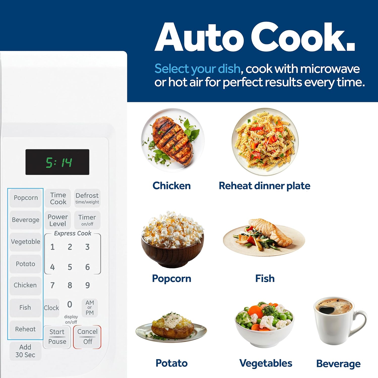 GE GCST14S1WWW Microwave Oven,1,100-watt 7 Auto Cooking Settings, Child-Lock Technology, Kitchen Essentials for The Countertop, Dorm Room or Apartment, 1.4 Cu. Ft, White - Image 5