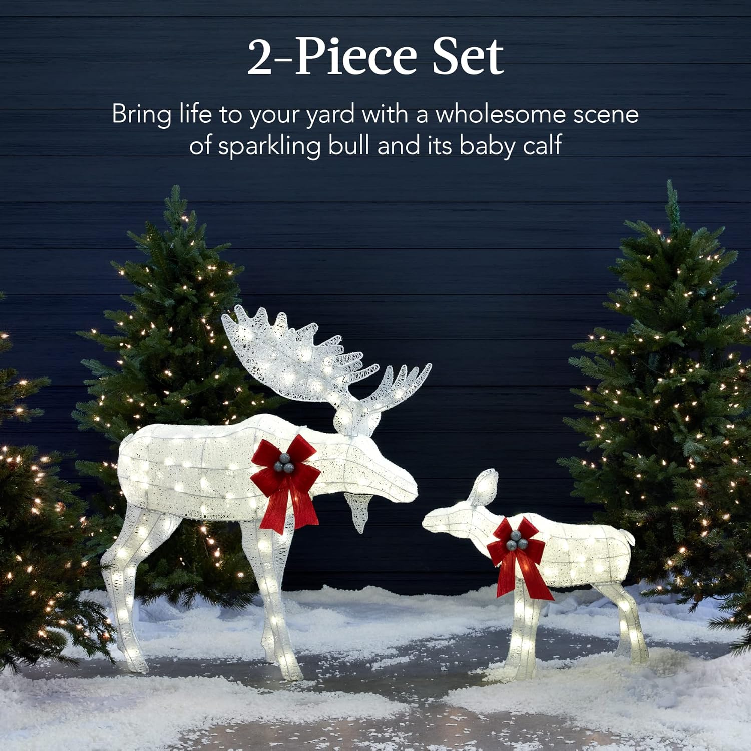 Best Choice Products 2-Piece Moose Family, Lighted Outdoor All-Weather Christmas Yard Decoration Light-Up Décor Set w/ 170 LED Lights, Ground Stakes, Zip Ties - White - Image 2