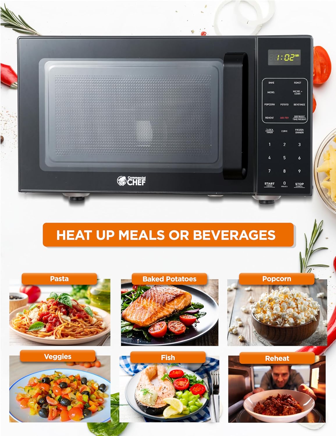 Commercial Chef 5-in-1 Countertop Microwave Air Fryer Combo, 0.9 Cu. Ft. Capacity, Microwave Air Fryer Convection Oven Bake and Roast, 900W, 10 Power Levels - Image 2