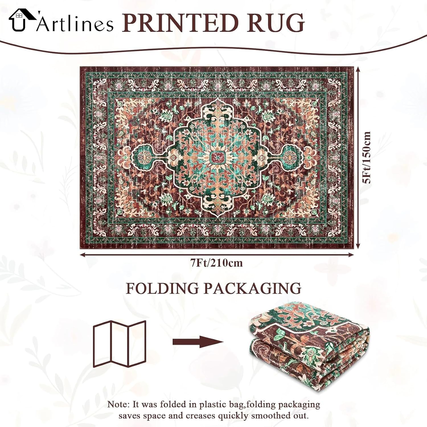 U'Artlines Boho Vintage Area Rug 5x7 Machine Washable Low Pile Ultra-Thin Soft Floor Carpet Non Slip Non Shedding Accent Rug for Living Room Bedroom Entryway Dining Room Office(Rust&Teal) - Image 2