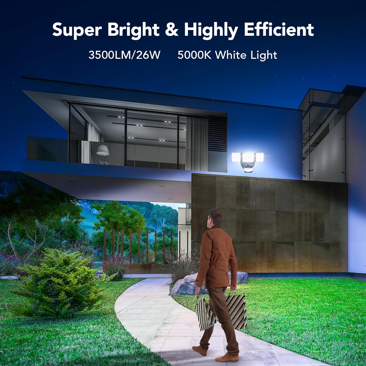OREiN 3500LM/26W Flood Lights Outdoor, 240°/40FT Big Motion Sensor Outdoor Lights Dusk to Dawn Security Lights IP65 Waterproof 3 Modes for Outside 3500SQ.FT Front Door, Garage, Black (Hardwired) - Image 4