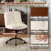 COSTWAY Criss Cross Chair with Wheels, Dual-Layer PU Leather & Thickened Boucle Cushion, Armless Home Office Desk Chair with Rocking Backrest, Wide Swivel Makeup Vanity Chairs for Small Space - Image 5