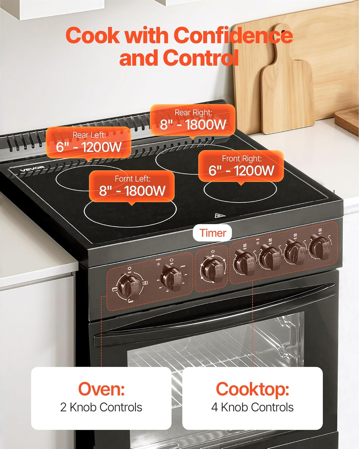 VEVOR 24in Electric Range Oven, 2.7Cu. Ft. Capacity Compact Freestanding Oven, Stainless Steel Kitchen Stove, with 4 Burners, Easy Reach Racks, Storage Drawer, Drip Pan, Indicator Light(No Power Cord) - Image 3