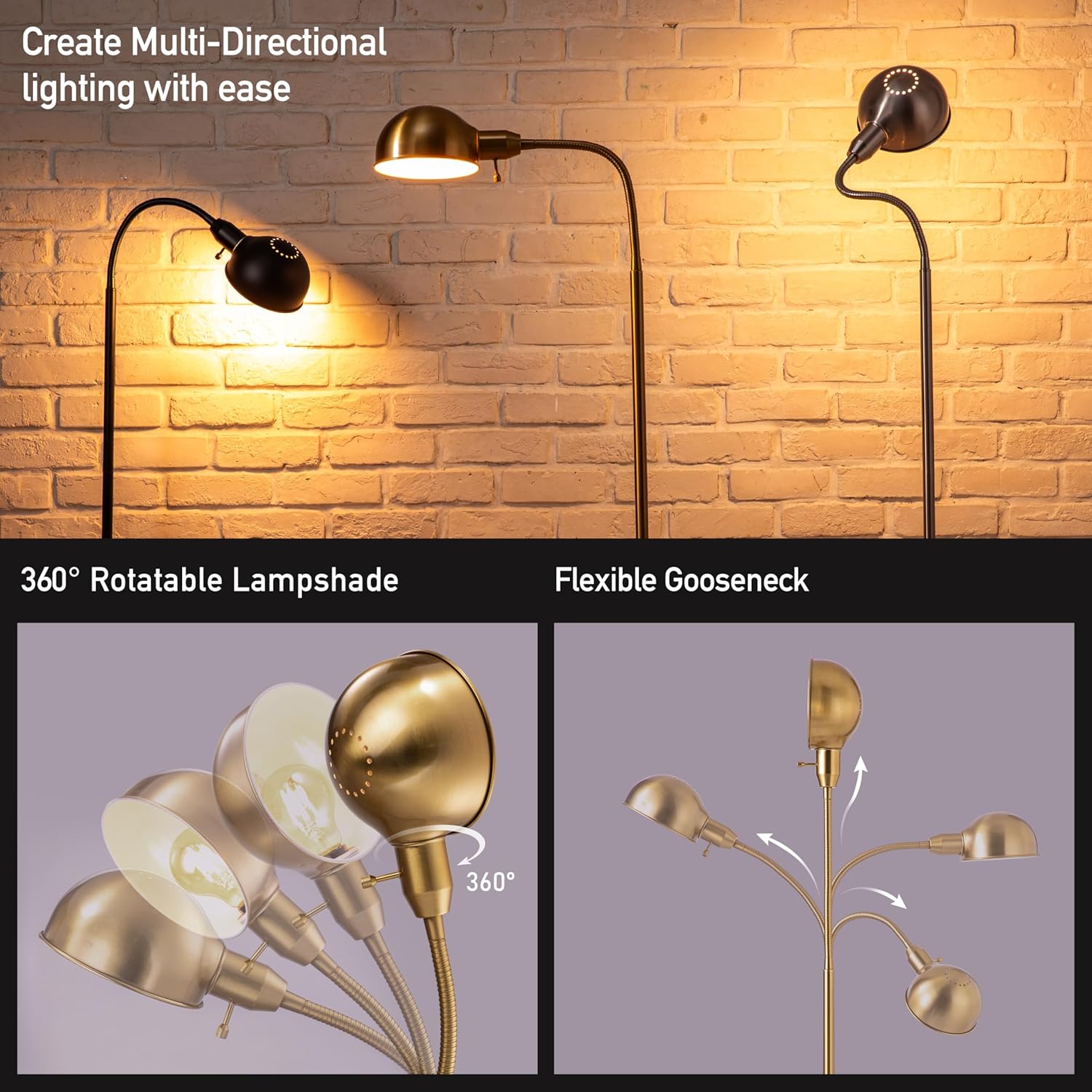 O'Bright Nova - Adjustable Floor Lamp with Flexible Gooseneck and Rotatable Shade, E26 Socket, 10-Inch Base - Ideal for Reading, Bedside, Living Room, Antique Brass - Image 2