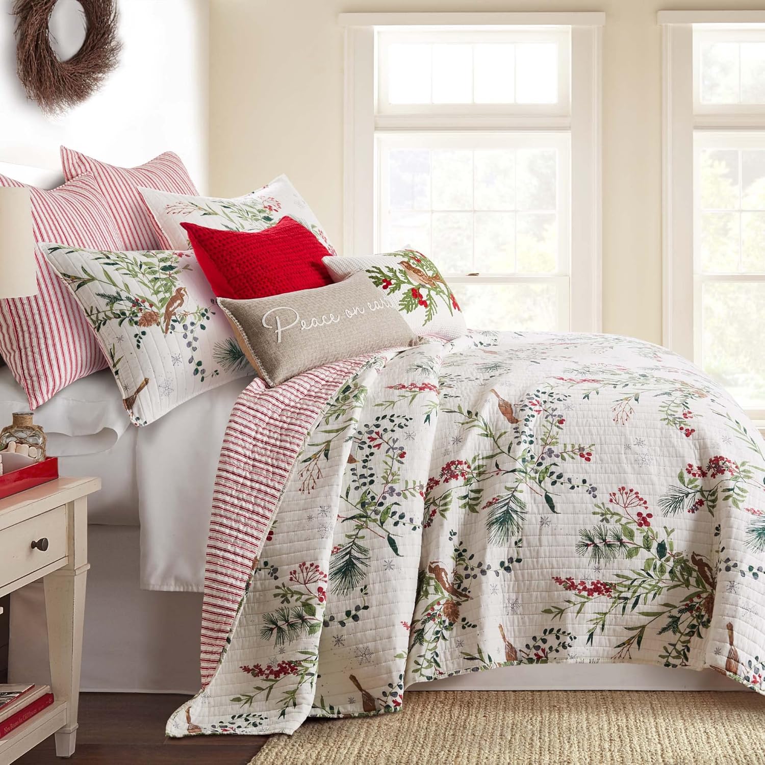 Levtex Home - Winterberry Forest Christmas Quilt Set - King/Cal King Holiday Quilt 106x92 and Two King Pillow Shams 20x36 - Green, Red, Grey and Cream - Reversible - Cotton/Polyester - Image 2