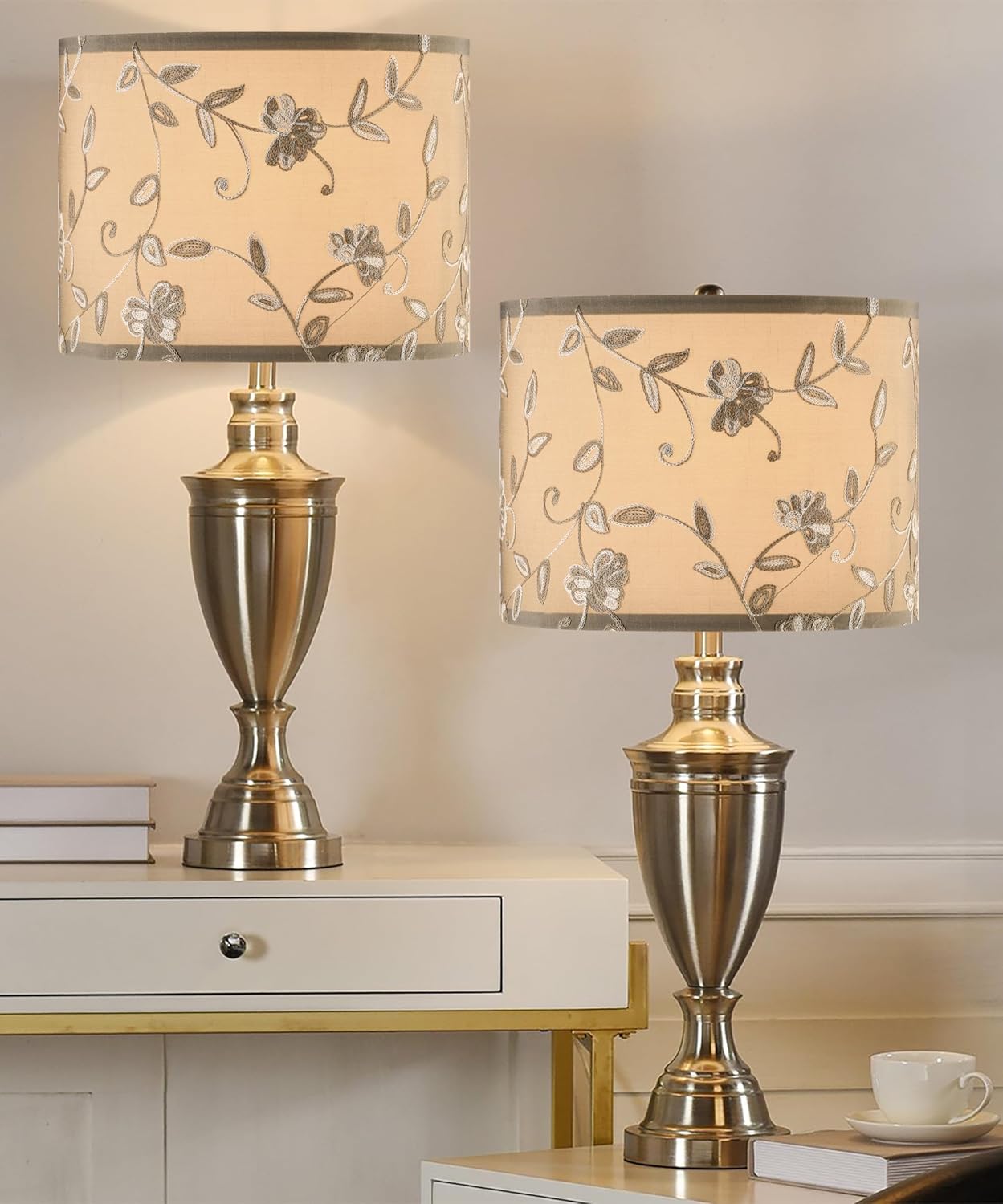 Creme Fabric Drum Lamp Shade with Embroidered Leaf Trim 13" Top x 13" Bottom x 10" High (Spider) Set of 2 Medium Lamp Shade for Table & Bedside Lamp Replacement Lampshades in Hand Crafted - Image 5