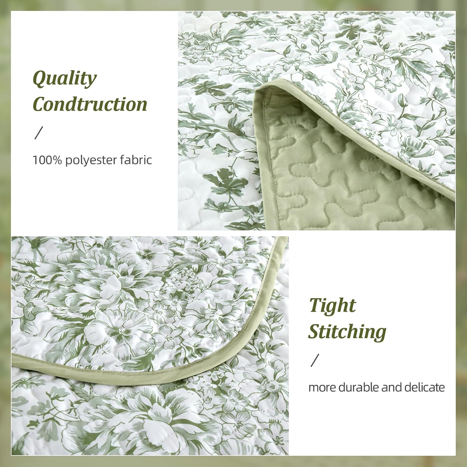 WONGS BDEEING Quilt King Size, Sage Green Quilt Bedding Set with 2 Pillowcases, Botanical Quilt for King Bed, Soft Microfiber Lightweight Coverlet Bedspread for All Season (110"×90", 3 Pieces) - Image 4