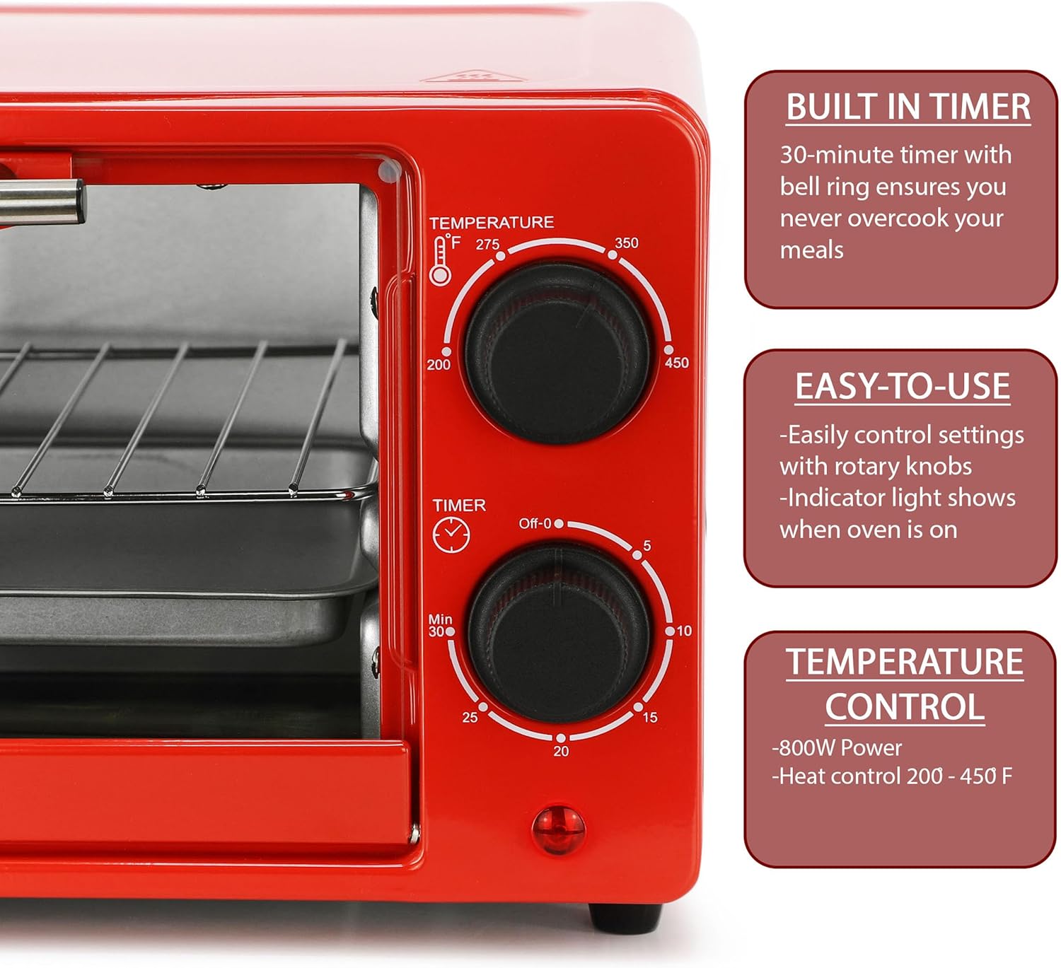 MegaChef 9.5 Quart Electric Counter Top 2 Slice Toaster Oven with Built in Timer, Bake, Broil, Toast (Candy Red) - Image 2