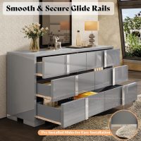 AMERLIFE 54" W High Gloss 6 Drawers Dressers with Silver Grooved Handles, Modern Storage Chest of Drawers with Wide Tabletop, for Bedroom/Dressing Room/Living Room, Grey - Image 3