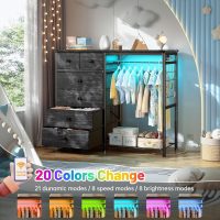 EnHomee 49.2" W Dresser for Bedroom with Hanging Rack 6 Drawers Dresser with LED Lights & Charging Station, Fabric Dressers & Chest of Drawers with Rack, Wooden Top, Grid Panel, Black - Image 4
