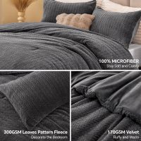 Fluffy Comforter King Set - Furry Grey Leaves Pattern Faux Fur Bed Set, Winter Ultra Soft Fuzzy Comfort Set, Velvet Bedding Set for Bed with 2 Pillow Cases - Image 2