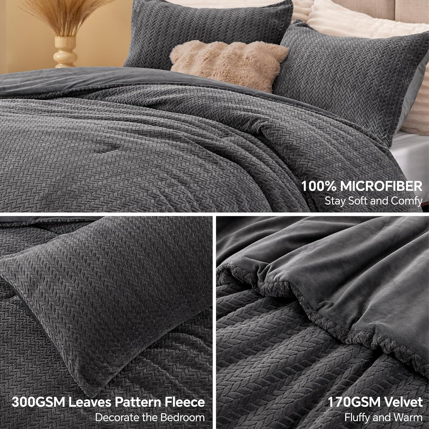 Fluffy Comforter King Set - Furry Grey Leaves Pattern Faux Fur Bed Set, Winter Ultra Soft Fuzzy Comfort Set, Velvet Bedding Set for Bed with 2 Pillow Cases - Image 2