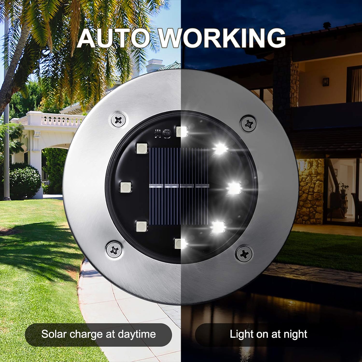 LYHOPE Solar Ground Lights Outdoor, 8 Pack 8 LED Solar Disk Lights Waterproof Garden In-ground Pathway Light Landscape Lighting for Lawn,Yard,Deck,Patio,Walkway (White) - Image 3