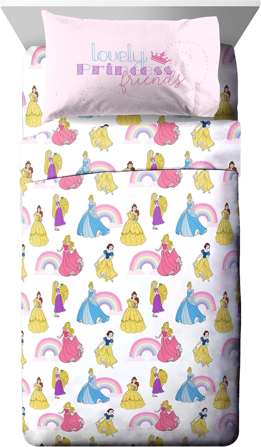 Jay Franco Disney Princess Rainbow 5 Piece Twin Bed Set - Includes Comforter & Sheet Set - Bedding Features Aurora, Belle, & Cinderella - Super Soft Fade Resistant Microfiber - Image 2