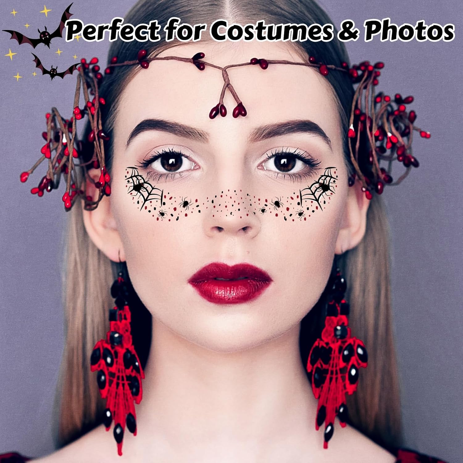 6PCS Halloween Spider Glitter Freckles Face Tattoo, Halloween Makeup Patches for Face Rave Costume Accessories (Spider Kiss) - Image 3