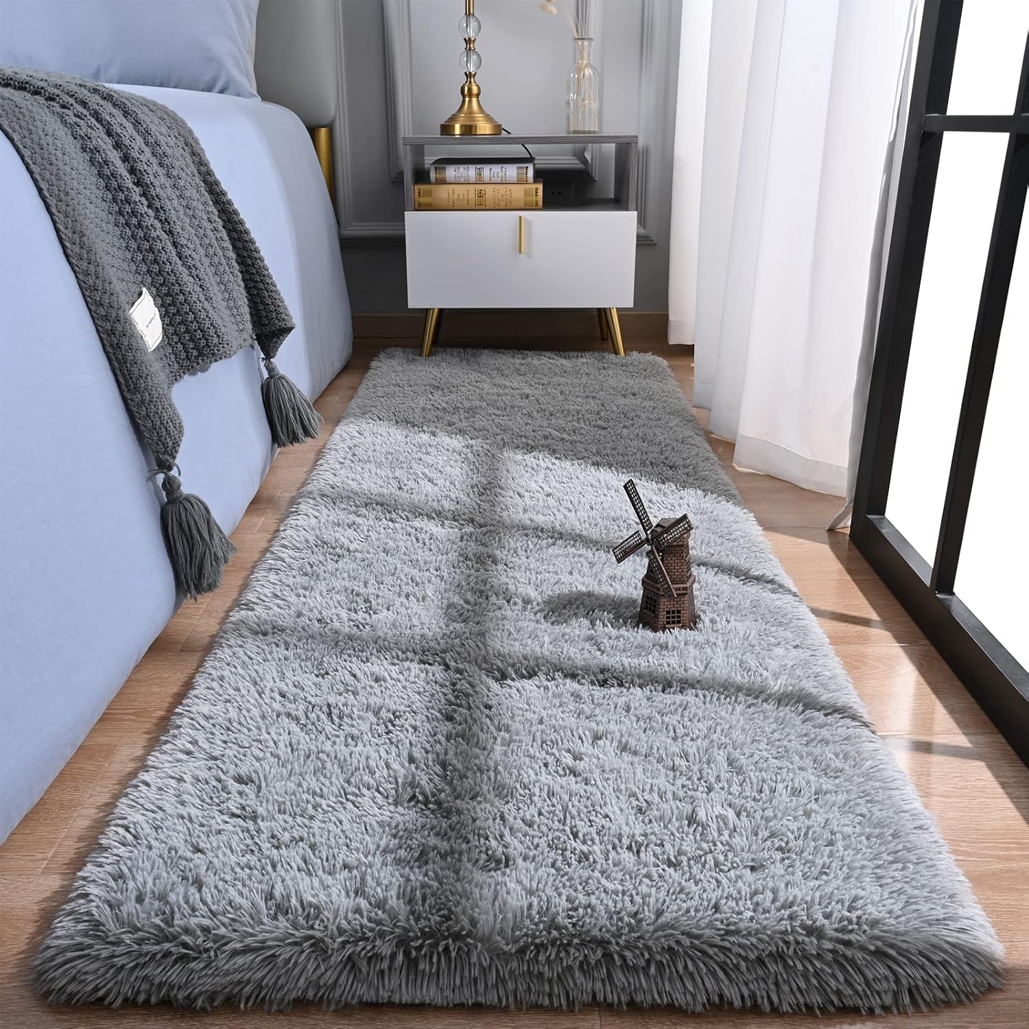 Runner Rug for Bedroom, 2x6 Soft Shag Fluffy Area Rugs for Girls Boy's Room, Plush Shaggy Carpet with Non-Slip Bottom for Living Room Dorm, Grey - Image 2