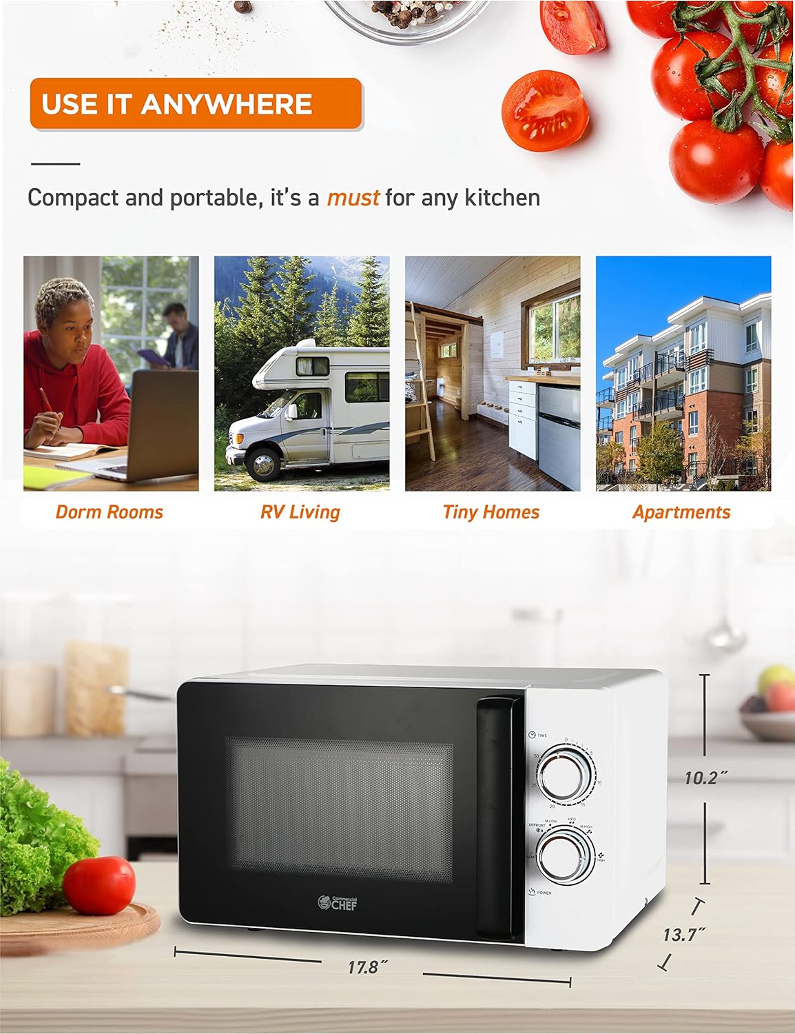 Commercial CHEF Small Microwave 0.7 Cu. Ft. Countertop Microwave with Mechanical Control, White Microwave with 6 Power Levels, Outstanding Portable Microwave with Convenient Pull Handle - Image 7